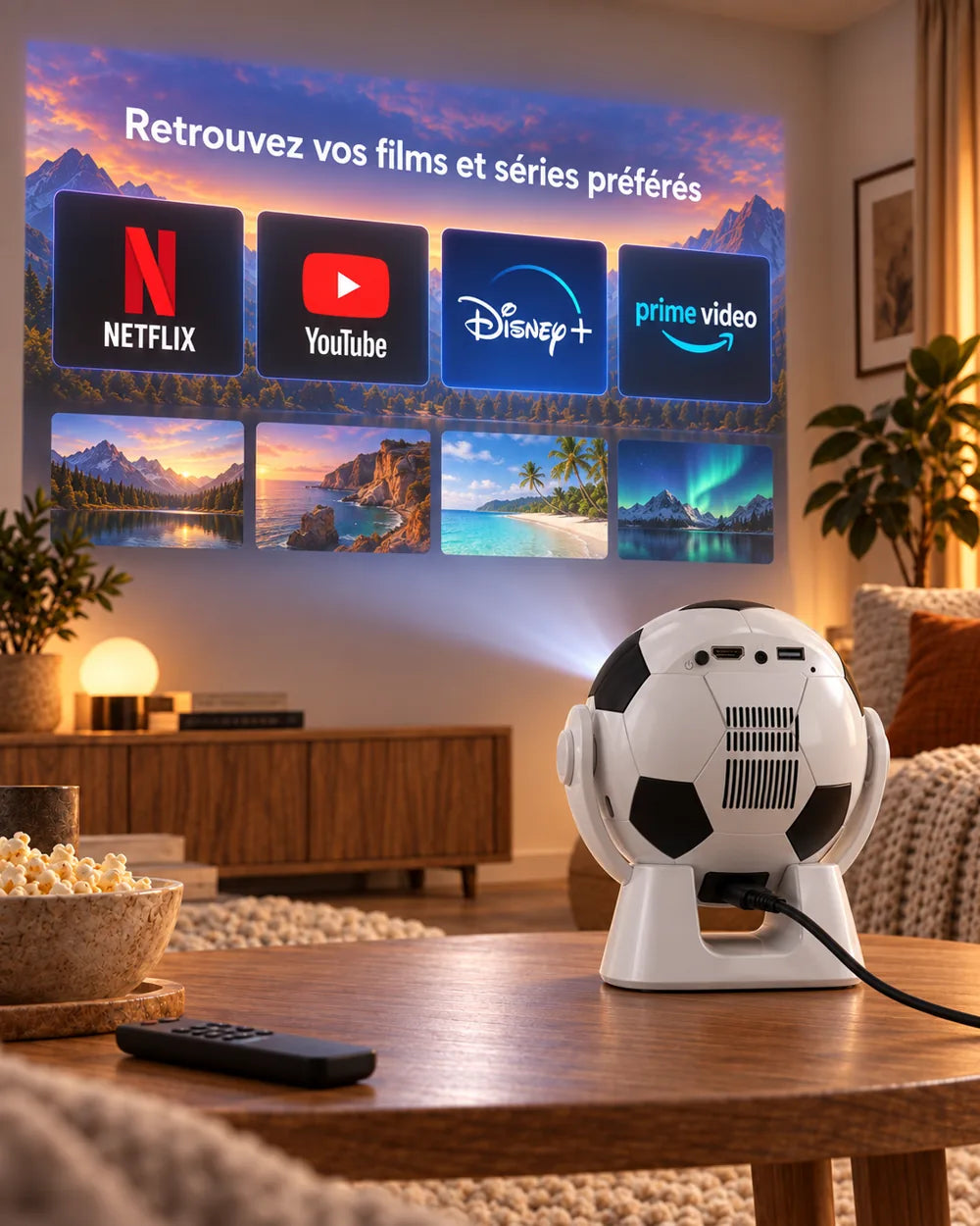 Miniprojektor Projektorland Orbit – 300 ANSI-lumen, Android 14, Wi-Fi, Bluetooth 5.4 och 35–135 tum