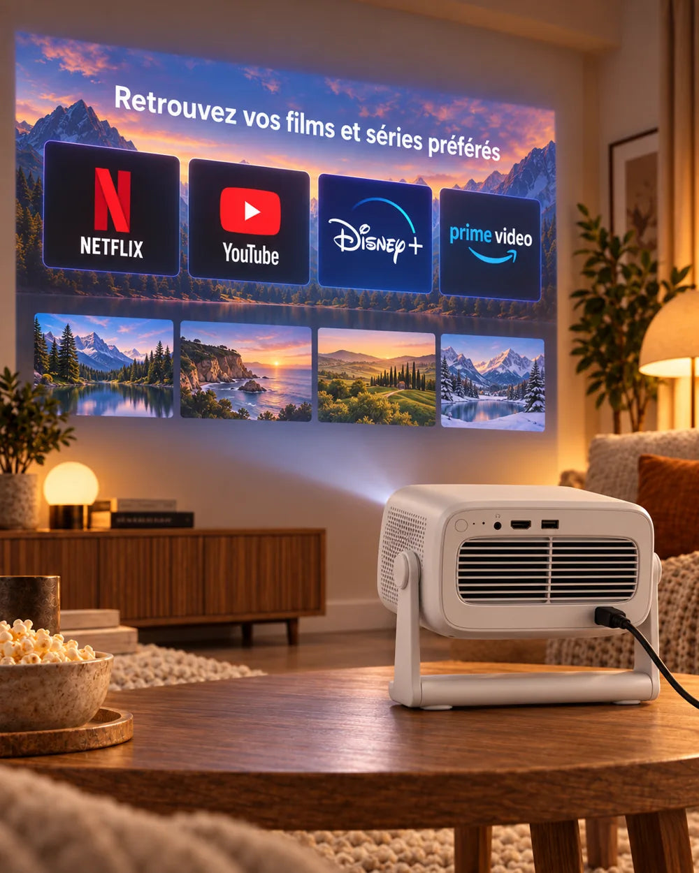 Projektor Projektorland Panorama – 900 ANSI-lumen, Full HD 1080p, Android TV 11, autofokus och 200° stativ