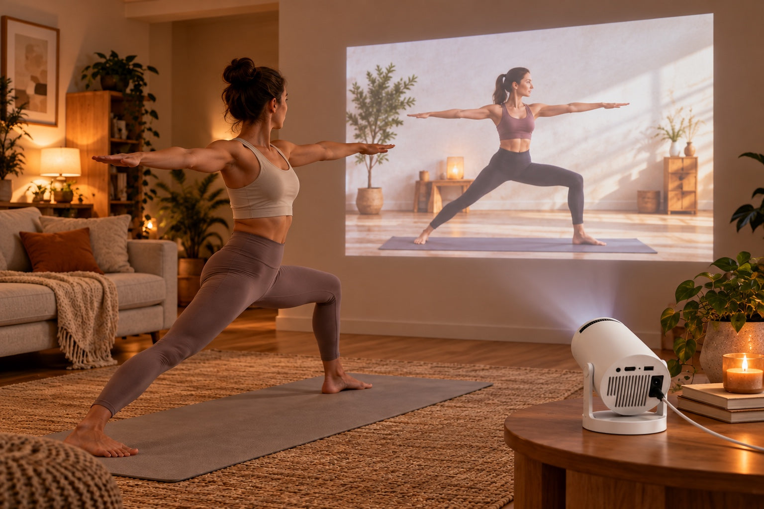 En kvinna följer en yogakurs som projiceras på väggen med Luma One